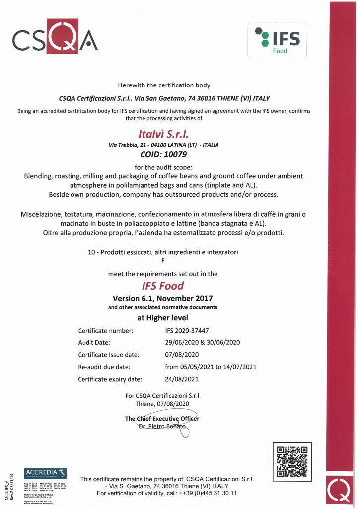 peppo's кофе натуральный италия, сертификаты ISO